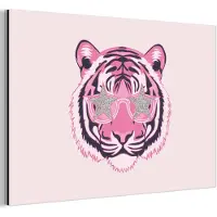 MuchoWow Aluminium schilderij 120x80 cm - Wanddecoratie metaal - Tijger - Glitterzonnebril - Roze - Metalen muurdecoratie woonkamer - Decoratie industrieel - Foto op dibond - Industriële accessoires slaapkamer