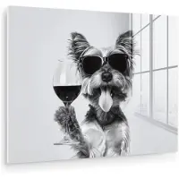 MuchoWow Glasschilderij 160x120 cm - Schilderij acrylglas - Hondje - Wijnglas - Zonnebril - Enthousiast - Foto op glas - Muurdecoratie woonkamer - Wanddecoratie slaapkamer - Schilderijen