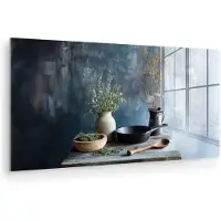 MuchoWow Glasschilderij 120x60 cm - Schilderij acrylglas - Pan - Kruiden - Schilderachtig - Foto op glas - Muurdecoratie woonkamer - Wanddecoratie slaapkamer - Schilderijen