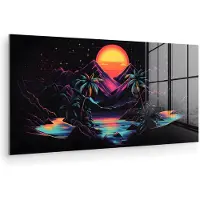 MuchoWow Glasschilderij 40x20 cm - Schilderij acrylglas - Palmbomen - Neonbergen - Sterrenhemel - Zon - Foto op glas - Muurdecoratie woonkamer - Wanddecoratie slaapkamer - Schilderijen