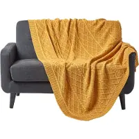 Homescapes gebreide deken mosterdgeel - katoen, geometrisch kabelpatroon 130x170 cm