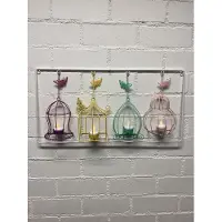 Impuls Metalen wandrek vlinders met 4 theelicht houders - Wit + Meerkleurig - 30 cm hoog x 60 cm breed - Woonaccessoires