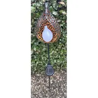Impuls Metalen solarlamp op tuinsteker "flame lamp" -koper kleurig + oranje - met flame - effect LED - tuinsteker - hoogte 95 x 20 x 2 cm - Tuindecoratie - Tuinverlichting