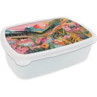 MuchoWow Broodtrommel Wit - Lunchbox Rivier - Diepte - Bloemen - Brooddoos 18x12x6 cm - Brood lunch box - Broodtrommels voor kinderen en volwassenen