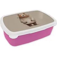 MuchoWow Broodtrommel Roze - Lunchbox Beer - Witte bloemen - Knus - Brooddoos 18x12x6 cm - Brood lunch box - Broodtrommels voor kinderen en volwassenen