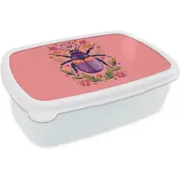 MuchoWow Broodtrommel Wit - Lunchbox Paars - Kever - Stipjes - Bloemen - Brooddoos 18x12x6 cm - Brood lunch box - Broodtrommels voor kinderen en volwassenen