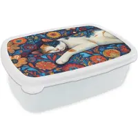MuchoWow Broodtrommel Wit - Lunchbox Kat - Bloemenpatroon - Blauw - Oranje - Brooddoos 18x12x6 cm - Brood lunch box - Broodtrommels voor kinderen en volwassenen