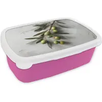 MuchoWow Broodtrommel Roze - Lunchbox Olijventak - Beton print - Mediterraan - Brooddoos 18x12x6 cm - Brood lunch box - Broodtrommels voor kinderen en volwassenen