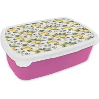 MuchoWow Broodtrommel Roze - Lunchbox Frans - Citroen - Citrus - Bloesem - Geel - Groen - Blauw - Brooddoos 18x12x6 cm - Brood lunch box - Broodtrommels voor kinderen en volwassenen