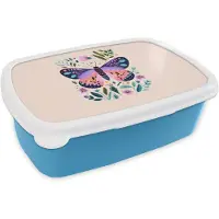 MuchoWow Broodtrommel Blauw - Lunchbox Bloemen - Bladeren - Vlinder - Kleurrijk - Brooddoos 18x12x6 cm - Brood lunch box - Broodtrommels voor kinderen en volwassenen