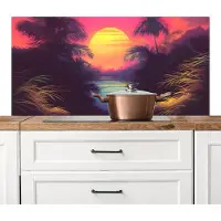 KitchenYeah Spatscherm keuken 120x60 cm - Kookplaat achterwand Zon - Geel - Palmbomen - Tropisch - Muurbeschermer - Spatwand fornuis - Hoogwaardig aluminium