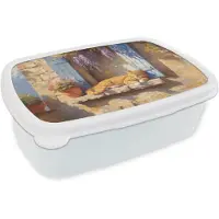 MuchoWow Broodtrommel Wit - Lunchbox Kat - Stenen vensterbank - Bloemen - Brooddoos 18x12x6 cm - Brood lunch box - Broodtrommels voor kinderen en volwassenen