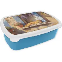 MuchoWow Broodtrommel Blauw - Lunchbox Kat - Stenen vensterbank - Bloemen - Brooddoos 18x12x6 cm - Brood lunch box - Broodtrommels voor kinderen en volwassenen