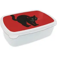 MuchoWow Broodtrommel Wit - Lunchbox Kat - Zwart - Staart - Brooddoos 18x12x6 cm - Brood lunch box - Broodtrommels voor kinderen en volwassenen