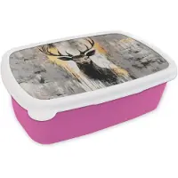MuchoWow Broodtrommel Roze - Lunchbox Abstract - Hert - Gewei - Goud - Brooddoos 18x12x6 cm - Brood lunch box - Broodtrommels voor kinderen en volwassenen
