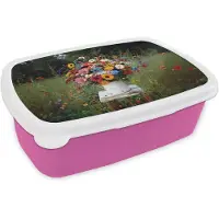 MuchoWow Broodtrommel Roze - Lunchbox Bloemen - Krukje - Gieter - Veld - Brooddoos 18x12x6 cm - Brood lunch box - Broodtrommels voor kinderen en volwassenen