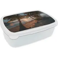 MuchoWow Broodtrommel Wit - Lunchbox Palmbomen - Hangmat - Strand - Zonsondergang - Brooddoos 18x12x6 cm - Brood lunch box - Broodtrommels voor kinderen en volwassenen