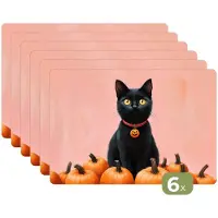 KitchenYeah Placemats - 6 stuks - 45x30 cm - Placemat kunststof - Kat - Pompoen - Roze - Borden onderleggers - Decoratie voor op tafel - Keuken tafeldecoratie accessoires - Vinyl onderlegger - Tafelversiering