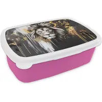 MuchoWow Broodtrommel Roze - Lunchbox Leeuw - Portret - Verfspatten - Grijs - Brooddoos 18x12x6 cm - Brood lunch box - Broodtrommels voor kinderen en volwassenen