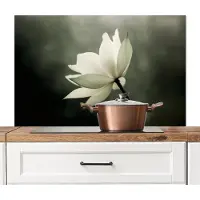 KitchenYeah Spatscherm keuken 100x65 cm - Kookplaat achterwand Wit - Lotus - Donker - Bloem - Muurbeschermer - Spatwand fornuis - Hoogwaardig aluminium