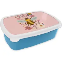 MuchoWow Broodtrommel Blauw - Lunchbox Bij - Geel - Bloemen - Kleurrijk - Brooddoos 18x12x6 cm - Brood lunch box - Broodtrommels voor kinderen en volwassenen