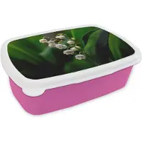 MuchoWow Broodtrommel Roze - Lunchbox Bloemen - Wit - Bladeren - Lelietjes - Brooddoos 18x12x6 cm - Brood lunch box - Broodtrommels voor kinderen en volwassenen