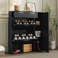 Merax Moderne schoenenkast met verstelbare legplanken - gouden handgrepen - lades - opklapbare schoenenkast en deuren - zwart - 95x24x107cm