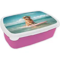 MuchoWow Broodtrommel Roze - Lunchbox Zeewater - Hond - Golden retriever - Zonnebril - Brooddoos 18x12x6 cm - Brood lunch box - Broodtrommels voor kinderen en volwassenen