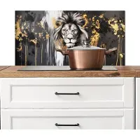 KitchenYeah Spatscherm keuken 80x40 cm - Kookplaat achterwand Leeuw - Portret - Verfspatten - Grijs - Muurbeschermer - Spatwand fornuis - Hoogwaardig aluminium