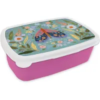 MuchoWow Broodtrommel Roze - Lunchbox Vlinder - Sierlijk - Bloemen - Bladeren - Brooddoos 18x12x6 cm - Brood lunch box - Broodtrommels voor kinderen en volwassenen