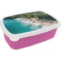 MuchoWow Broodtrommel Roze - Lunchbox Tropisch - Strand - Water - Palmbomen - Brooddoos 18x12x6 cm - Brood lunch box - Broodtrommels voor kinderen en volwassenen