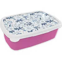 MuchoWow Broodtrommel Roze - Lunchbox ]Italiaans - Zee - Sfeer - Strand - Blauw - Wit - Brooddoos 18x12x6 cm - Brood lunch box - Broodtrommels voor kinderen en volwassenen