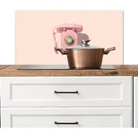 KitchenYeah Spatscherm keuken 80x40 cm - Kookplaat achterwand Draaischijftelefoon - Retro - Roze - Muurbeschermer - Spatwand fornuis - Hoogwaardig aluminium