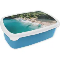 MuchoWow Broodtrommel Blauw - Lunchbox Tropisch - Strand - Water - Palmbomen - Brooddoos 18x12x6 cm - Brood lunch box - Broodtrommels voor kinderen en volwassenen