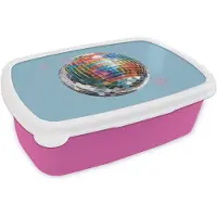MuchoWow Broodtrommel Roze - Lunchbox Discobal - Glinsterende sterren - Regenboog - Brooddoos 18x12x6 cm - Brood lunch box - Broodtrommels voor kinderen en volwassenen