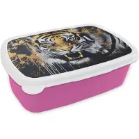MuchoWow Broodtrommel Roze - Lunchbox Tijger - Verfspatten - Goud - Brooddoos 18x12x6 cm - Brood lunch box - Broodtrommels voor kinderen en volwassenen