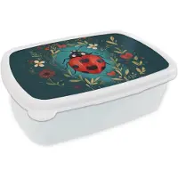 MuchoWow Broodtrommel Wit - Lunchbox Bloemen - Lieveheersbeestje - Hartje - Rood - Brooddoos 18x12x6 cm - Brood lunch box - Broodtrommels voor kinderen en volwassenen