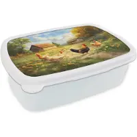 MuchoWow Broodtrommel Wit - Lunchbox Kippen - Landelijke rust - Natuur - Brooddoos 18x12x6 cm - Brood lunch box - Broodtrommels voor kinderen en volwassenen