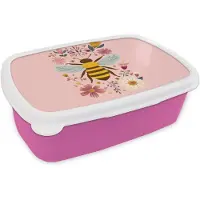 MuchoWow Broodtrommel Roze - Lunchbox Bij - Geel - Bloemen - Kleurrijk - Brooddoos 18x12x6 cm - Brood lunch box - Broodtrommels voor kinderen en volwassenen