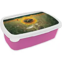 MuchoWow Broodtrommel Roze - Lunchbox Zonnebloem - Veld - Zonnebril - Brooddoos 18x12x6 cm - Brood lunch box - Broodtrommels voor kinderen en volwassenen