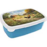 MuchoWow Broodtrommel Blauw - Lunchbox Kippen - Landelijke rust - Natuur - Brooddoos 18x12x6 cm - Brood lunch box - Broodtrommels voor kinderen en volwassenen