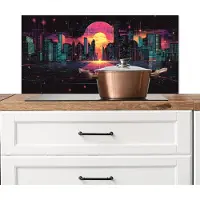 KitchenYeah Spatscherm keuken 90x45 cm - Kookplaat achterwand Stad - Gebouwen - Zon - Geel - Muurbeschermer - Spatwand fornuis - Hoogwaardig aluminium
