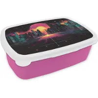 MuchoWow Broodtrommel Roze - Lunchbox Stad - Gebouwen - Zon - Geel - Brooddoos 18x12x6 cm - Brood lunch box - Broodtrommels voor kinderen en volwassenen