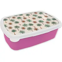 MuchoWow Broodtrommel Roze - Lunchbox Nostalgisch - Kust - Zee - Palmbomen - Zon - Groen - Brooddoos 18x12x6 cm - Brood lunch box - Broodtrommels voor kinderen en volwassenen
