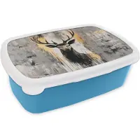 MuchoWow Broodtrommel Blauw - Lunchbox Abstract - Hert - Gewei - Goud - Brooddoos 18x12x6 cm - Brood lunch box - Broodtrommels voor kinderen en volwassenen