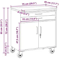vidaXL Trolley Rolling Workbench Zwart en Grijs 75 x 45 x 85 cm