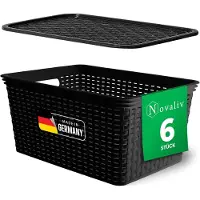 Novaliv set van 6 opbergdozen met deksel, grote mand 14L, zwart in rotan design, voedselveilige opbergmand, stapelbare dozen, nestbaar, kunststof, BPA-vrije doos, stofbakken met deksel