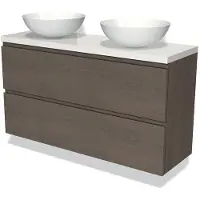 Maxaro Modulo Plato Slim Badkamermeubel voor waskom | 120 cm Donkerbruin eiken Greeploos front Hoogglans wit blad 2 lades onder elkaar