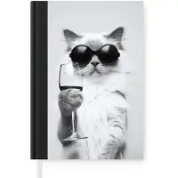MuchoWow Notitieboek - Schrijfboek - Kat - Zonnebril - Wijnglas - Langharig - Notitieboekje klein - A5 formaat - Schrijfblok