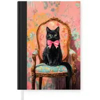 MuchoWow Notitieboek - Schrijfboek - Kat - Roze - Stoel met bloemenmotief - Notitieboekje klein - A5 formaat - Schrijfblok